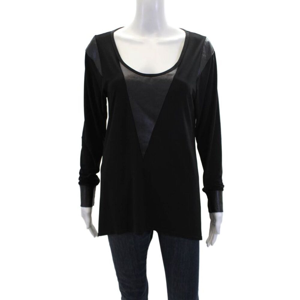 Natto Womens Leather Trim Scoop Neck Long Sleeve Blouse Top Black Size M